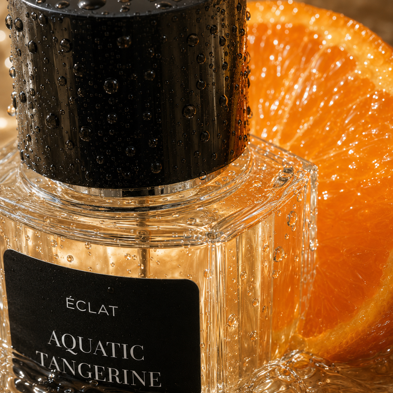 ÉCLAT Aquatic Tangerine σε φιαλίδιο από γυαλί με μαύρο καπάκι, διακοσμημένο με σταγόνες νερού και μια φέτα φρέσκου μανταρινιού στο φόντο.