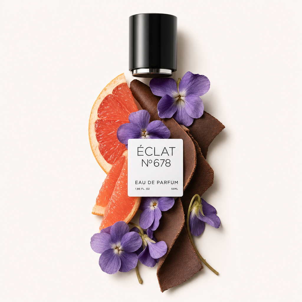 Un arreglo de flores de violeta, rodajas de pomelo y cuero marrón curvado rodea una tapa negra con etiqueta ÉCLAT.