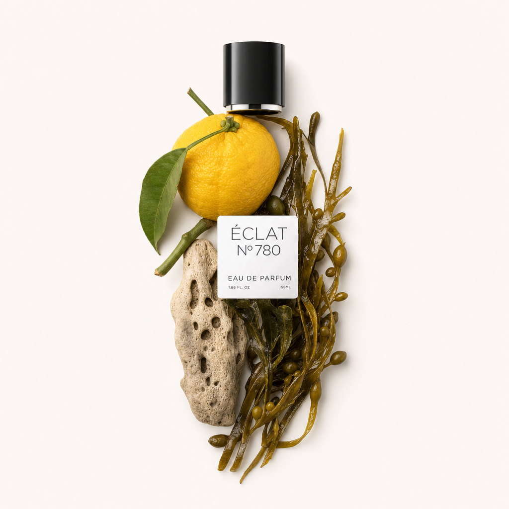An arrangement of yuzu fruit, seaweed, and a coral piece surrounds the black ÉCLAT cap with a label.