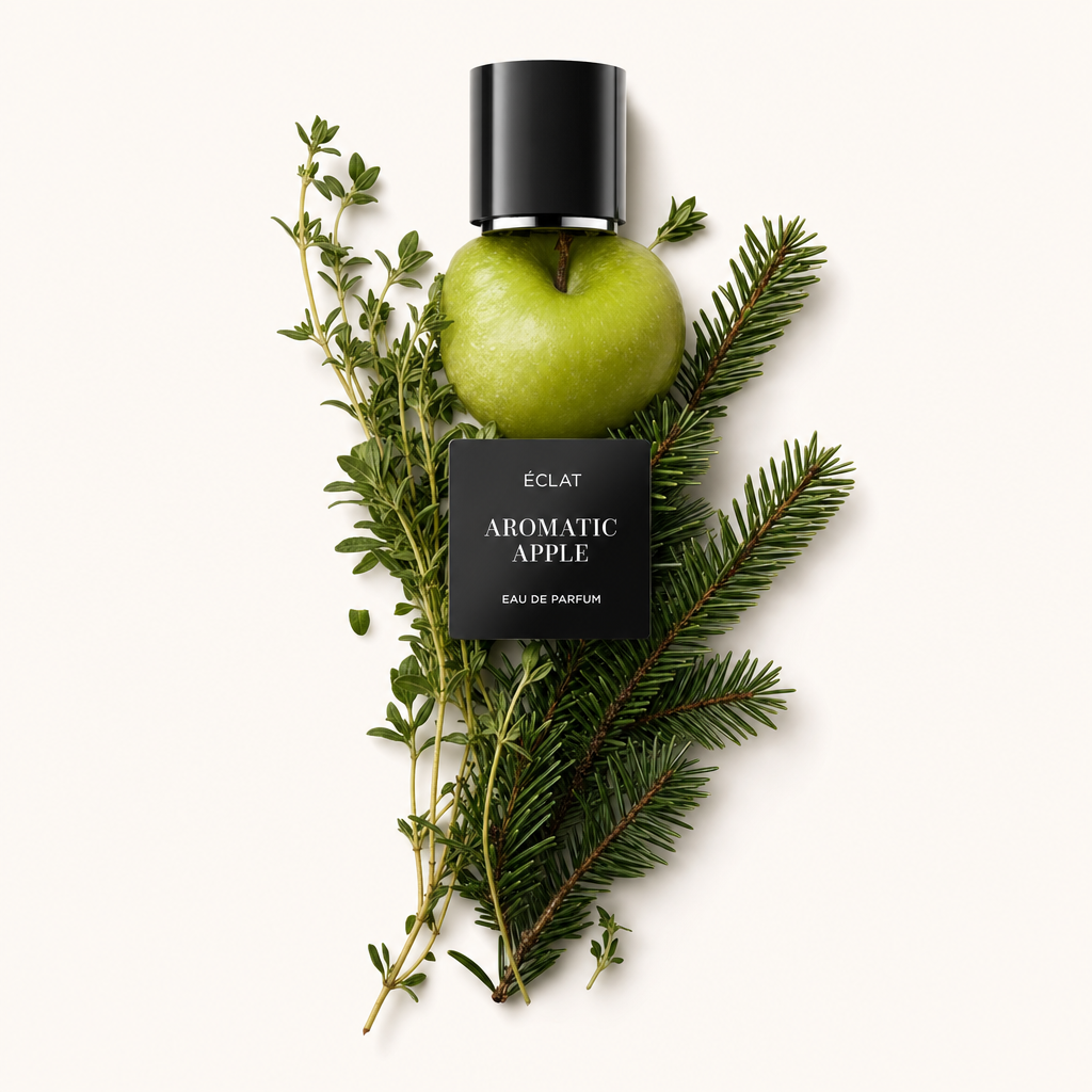 Arrangement d'une pomme verte croquante avec des brins de thym frais et des branches de pin, surmonté d'un capuchon noir avec étiquette ÉCLAT Aromatic Apple.