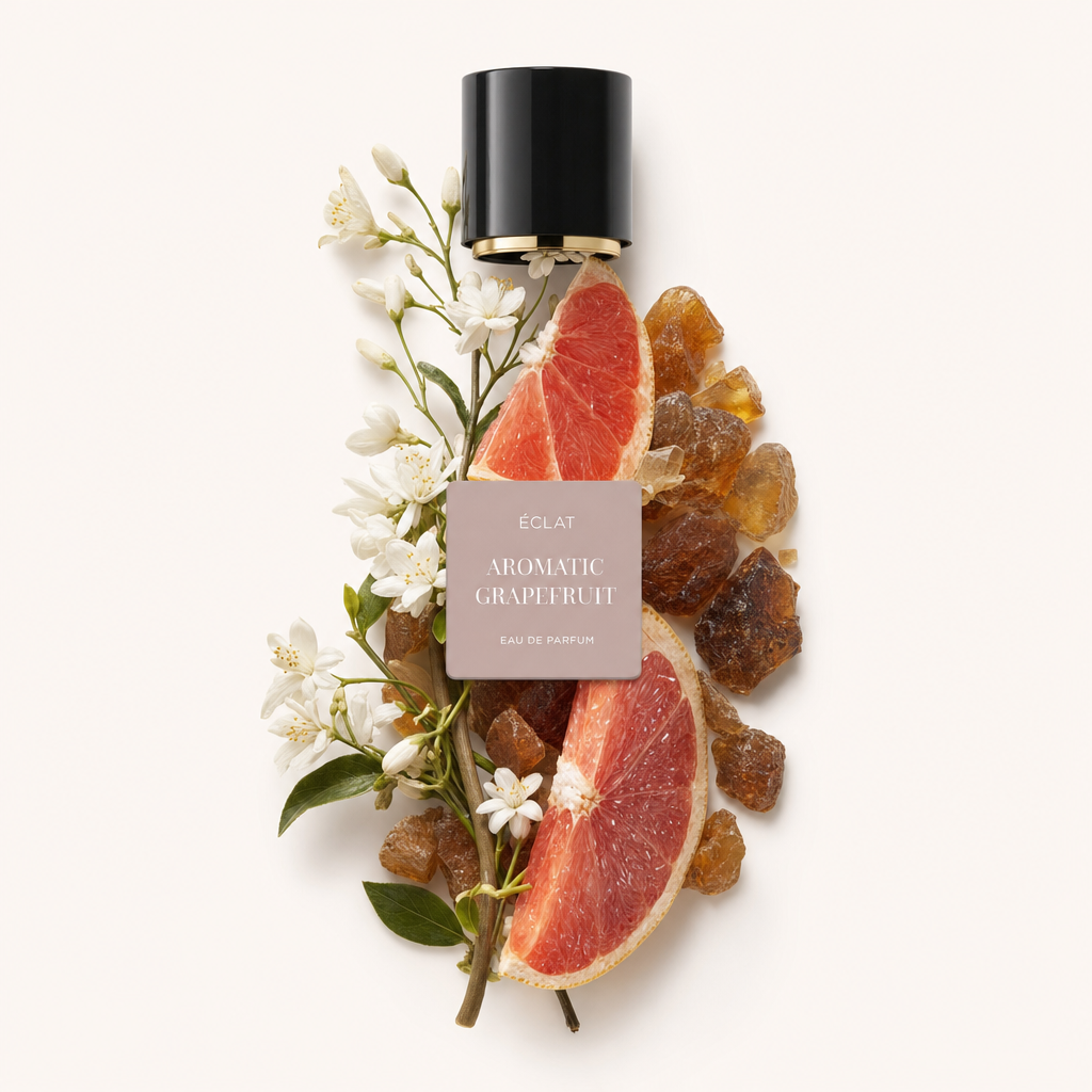 An arrangement of fresh grapefruit slices, white blossoms, and amber crystals surrounds the original black ÉCLAT cap with a label.