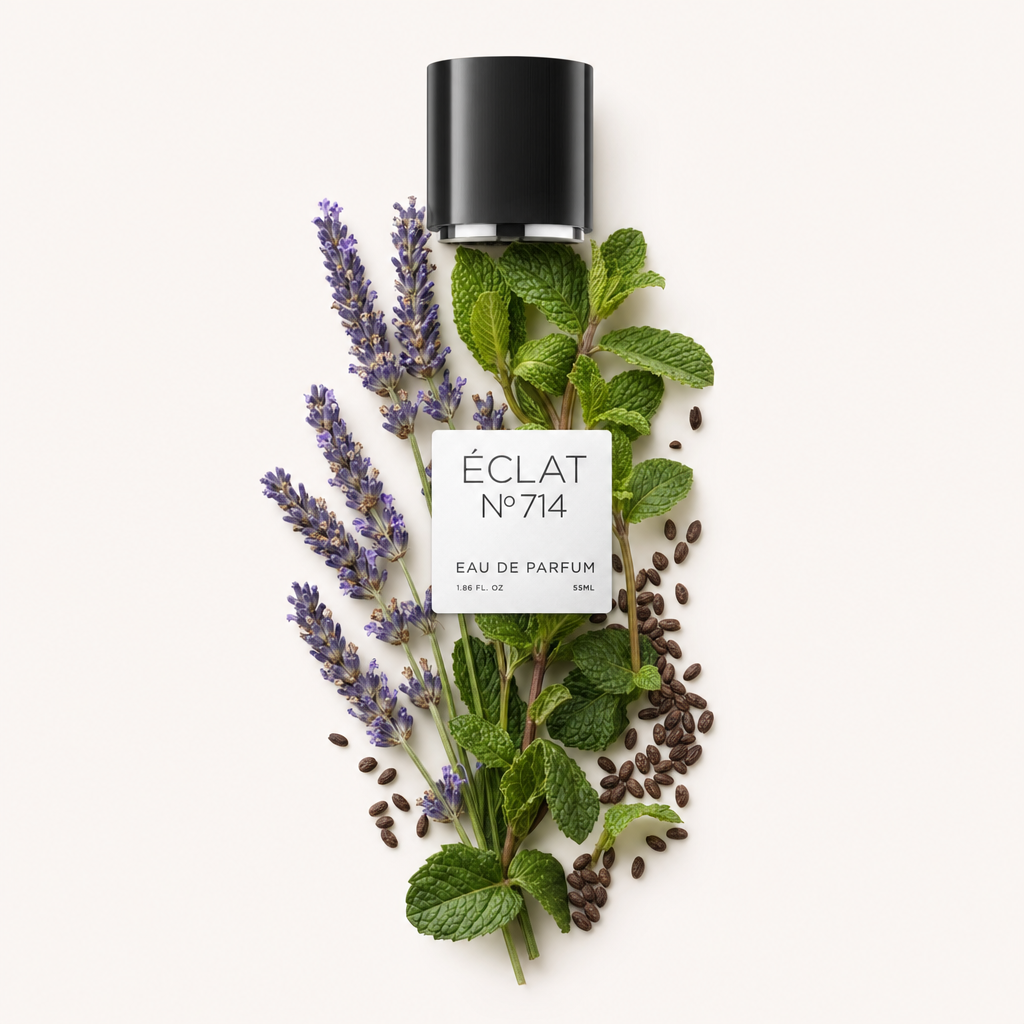 Un arrangement de brins de lavande et de feuilles de menthe fraîche, complété par des grains de café, entoure le bouchon noir d'origine avec l'étiquette ÉCLAT Aromatic Lavender.