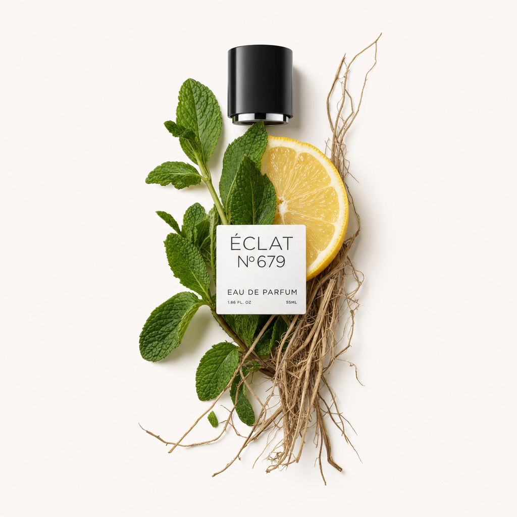 A hand-arranged still life of mint leaves, a lemon slice, and root strands surrounds ÉCLAT's original black cap with a label.