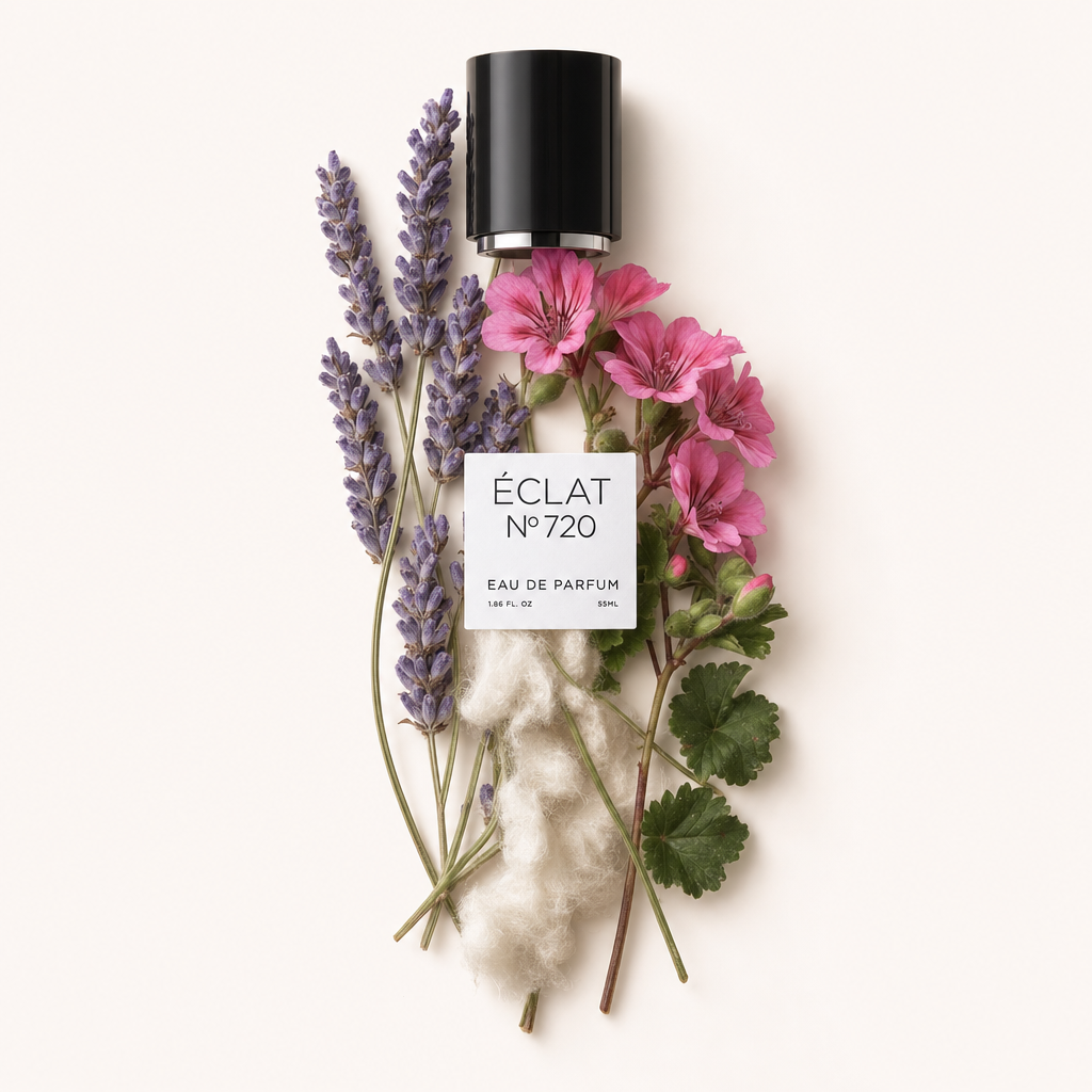 Un arreglo de ramas de lavanda, flores de geranio rosa y fibras de algodón rodea una tapa negra con etiqueta ÉCLAT.