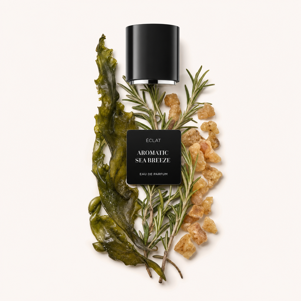Une composition d'algues, de brins de romarin et de morceaux de résine d'ambre entoure un capuchon noir avec l'étiquette ÉCLAT Aromatic Sea Breeze.