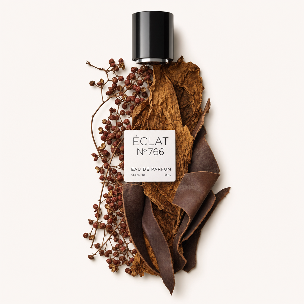 Un arreglo de bayas de pimienta de Sichuan, hojas de tabaco secas y tiras de cuero rodea la tapa negra con la etiqueta de ÉCLAT Aromatic Sichuan Pepper.