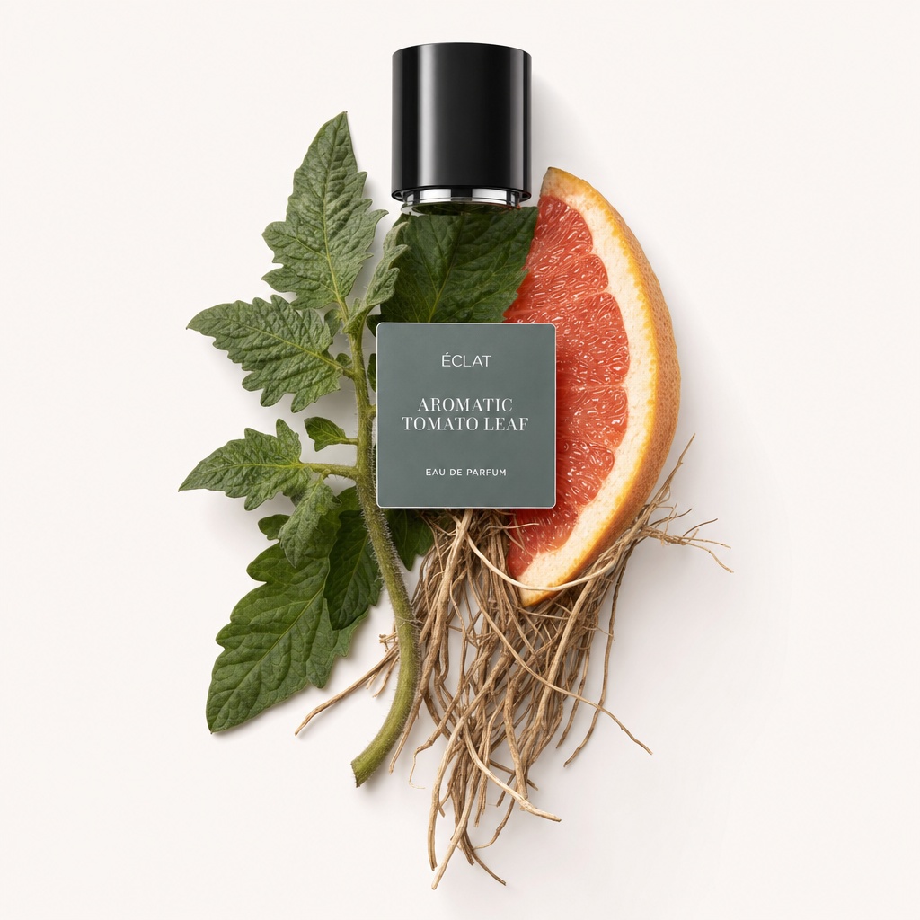 A handcrafted arrangement featuring tomato leaves, grapefruit slice, and plant roots; topped with a black cap labeled ÉCLAT Aromatic Tomato Leaf.