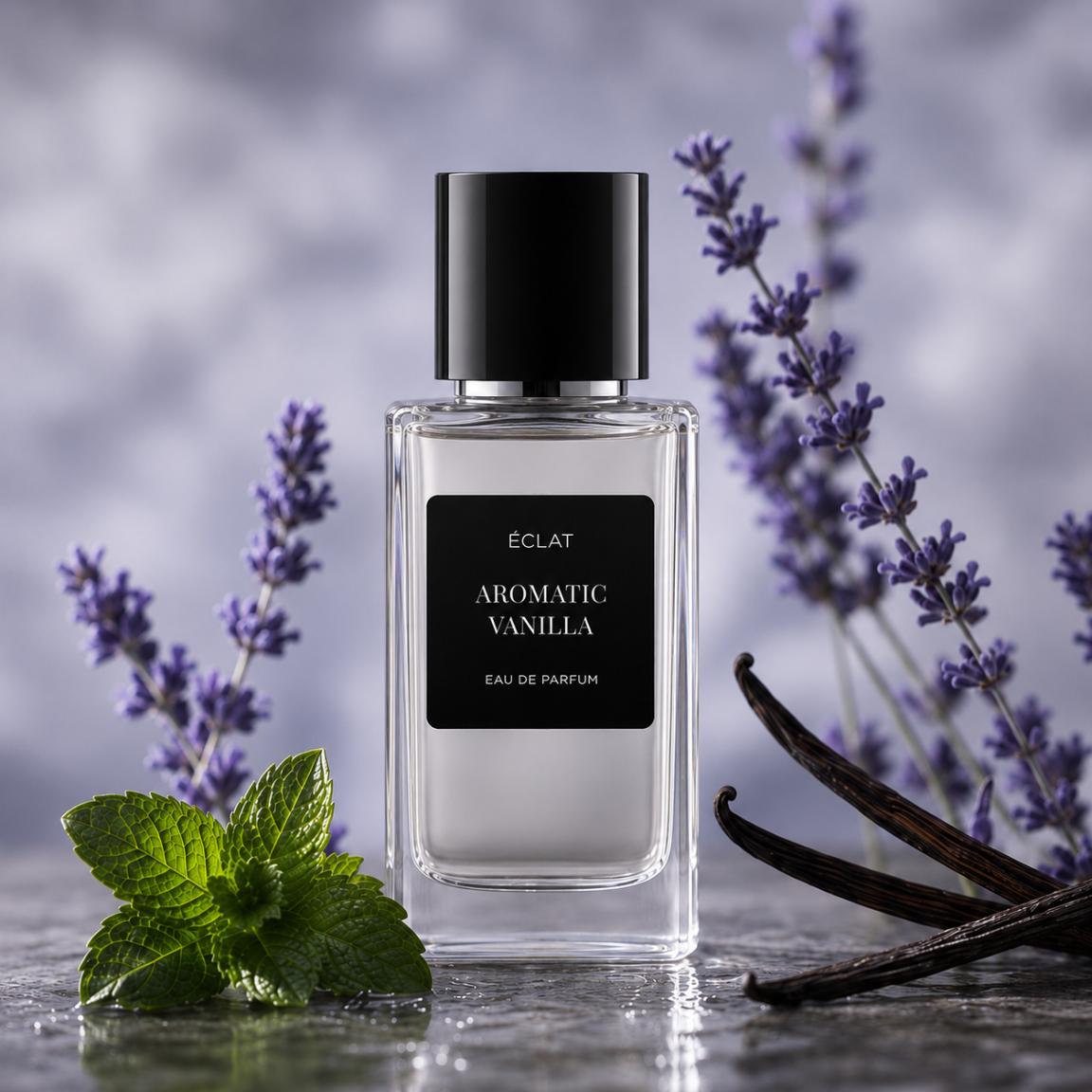 A clear glass bottle of ÉCLAT Aromatic Vanilla perfume, featuring a black label, surrounded by sprigs of lavender, fresh mint leaves, and vanilla pods.