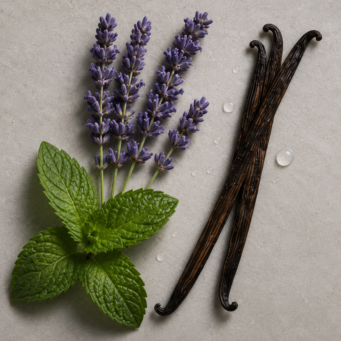 A composition of fresh mint leaves, vibrant lavender sprigs, and dark vanilla beans on a light surface.