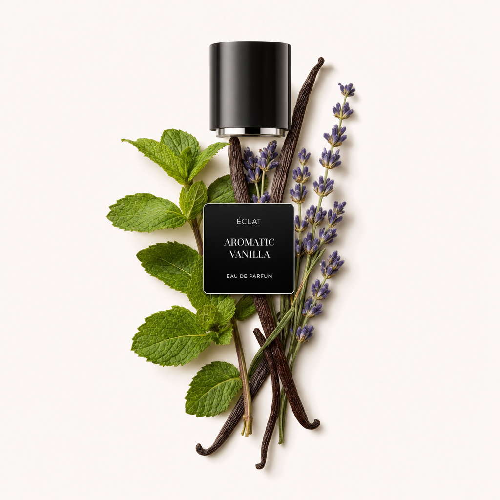 Un arrangement sophistiqué de feuilles de menthe, de brins de lavande et de gousses de vanille entoure un bouchon noir avec une étiquette ÉCLAT Aromatic Vanilla.