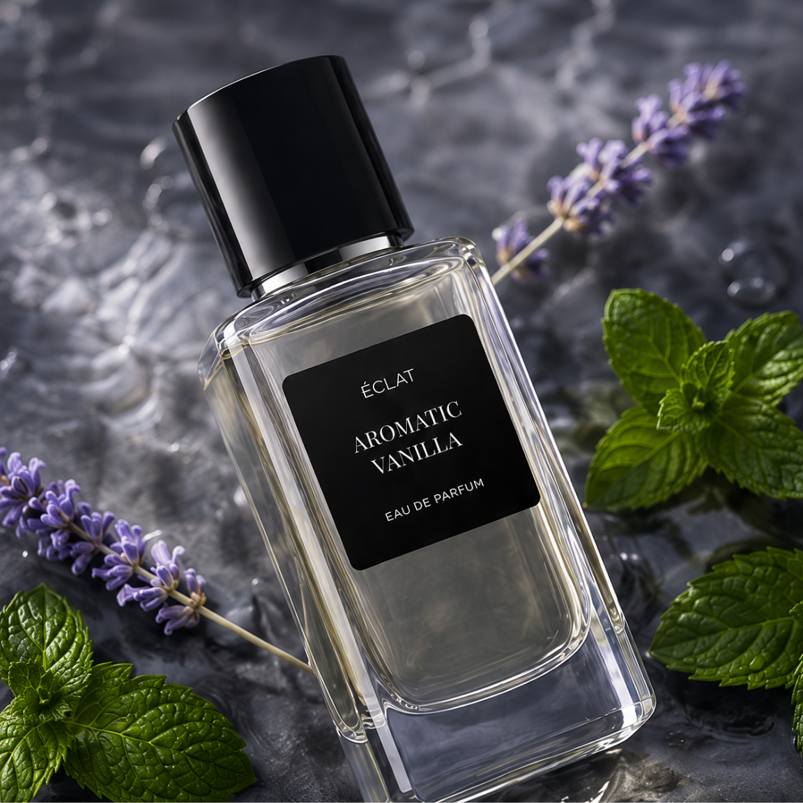 The faceted glass bottle of ÉCLAT Aromatic Vanilla with a black cap is elegantly arranged with sprigs of lavender and fresh mint leaves on a textured surface.