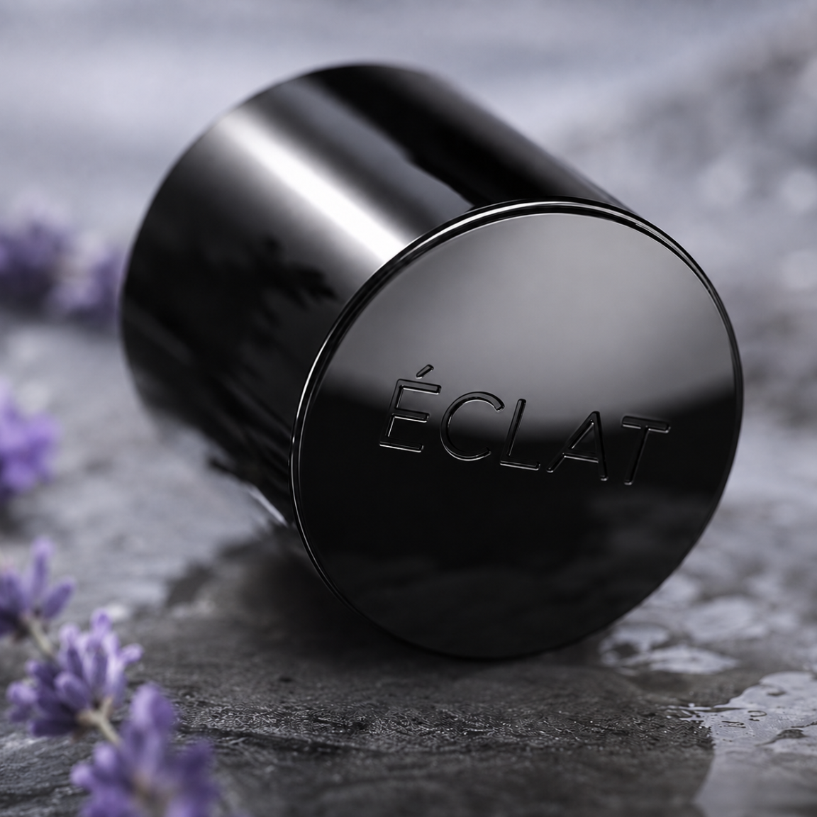 A sleek black lid engraved with ÉCLAT, set against a stone surface with lavender sprigs around.