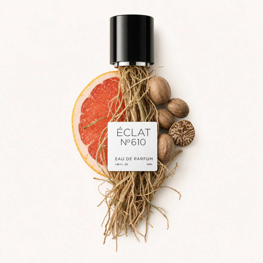 Un arrangement de racines de vétiver, un demi-pamplemousse et de la muscade entoure un bouchon noir avec une étiquette pour ÉCLAT Aromatic Vetiver.