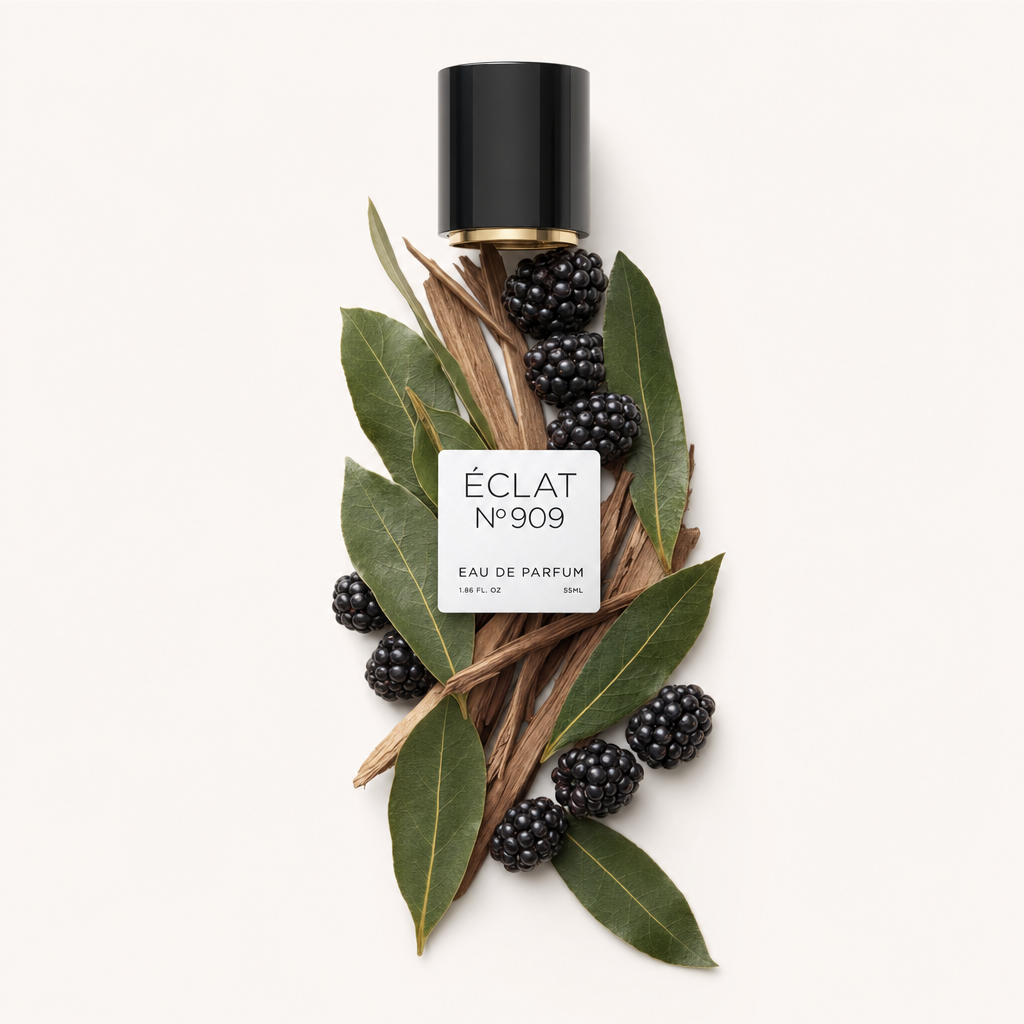 Un arrangement de mûres fraîches et de feuilles de laurier entoure un bouchon noir avec étiquette, représentant ÉCLAT Bay Leaf & Blackberry.