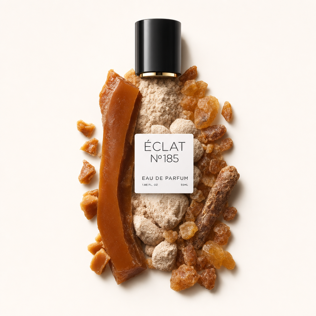 Un arrangement de résines de benjoin et de morceaux de caramel entoure un capuchon noir avec une étiquette pour ÉCLAT Benzoin & Caramel.