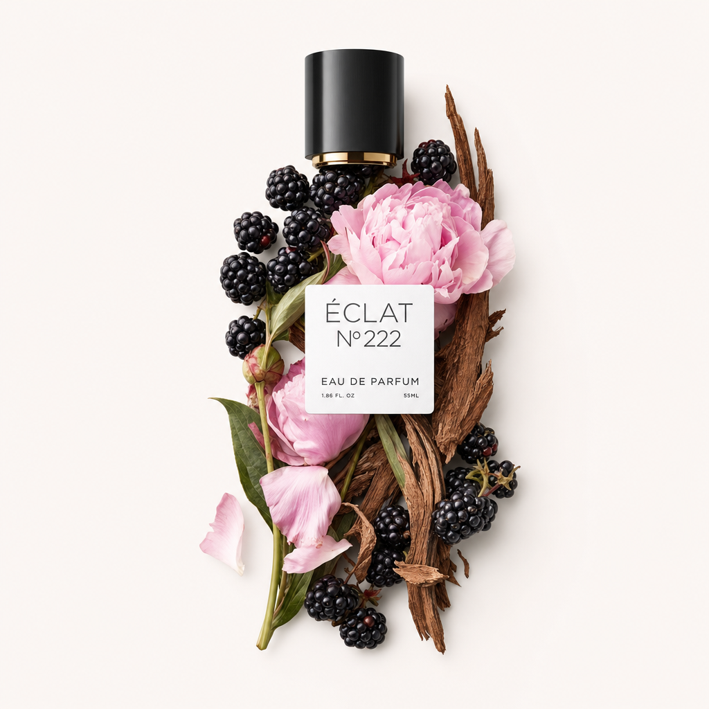 Un arrangement de pivoines roses, mûres et morceaux de bois de cèdre avec un capuchon noir et une étiquette signée ÉCLAT Berries & Cedar.
