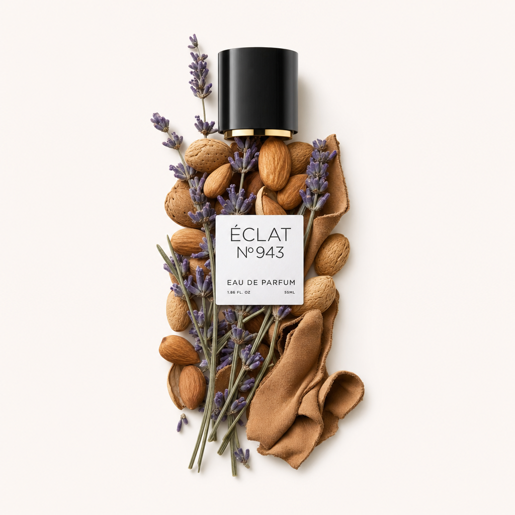 Un arrangement artistique d'amandes entières, de brins de lavande et de morceaux de daim doux entoure le capuchon noir avec l'étiquette ÉCLAT.