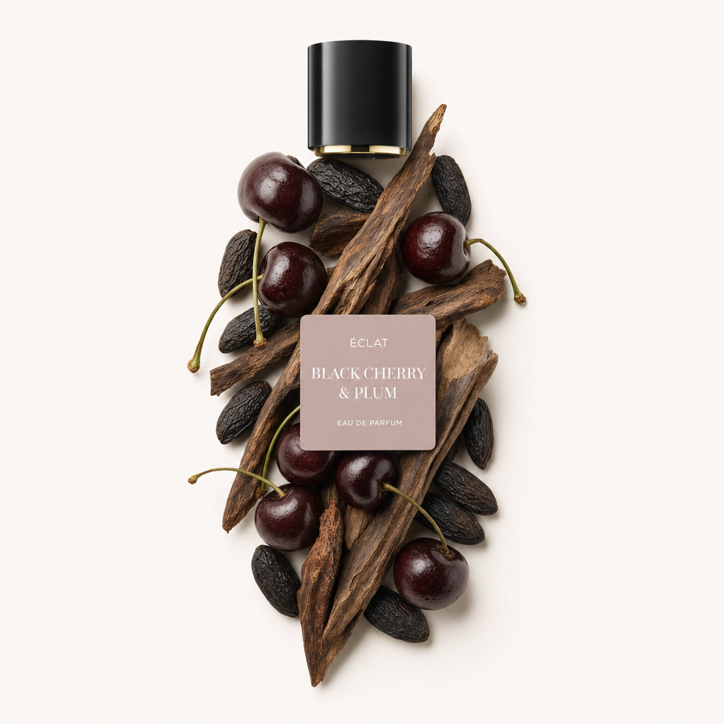 Un arrangement de cerises noires, bois de prunier et fèves tonka entoure un capuchon noir avec étiquette ÉCLAT Black Cherry & Plum.