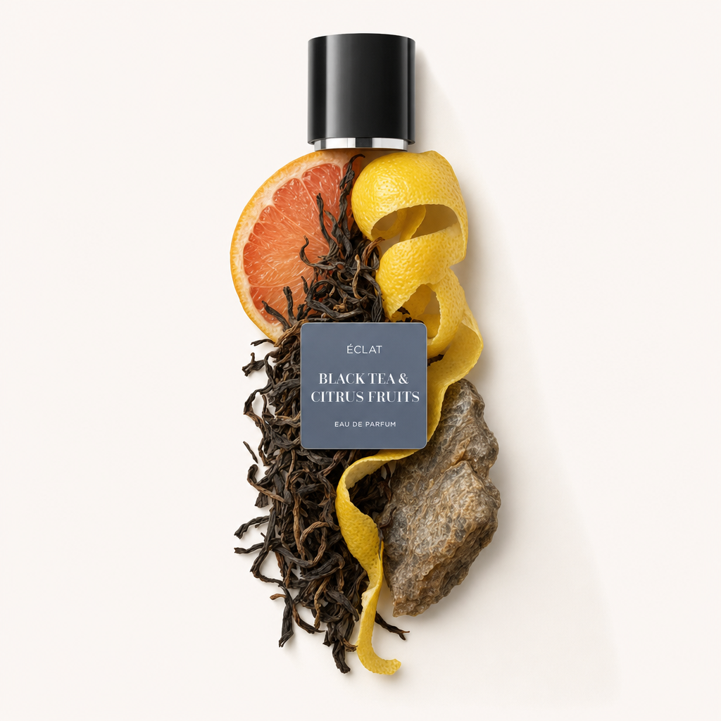 A composition of black tea leaves, grapefruit slice, lemon peel, and a stone next to ÉCLAT Black Tea & Citrus Fruits cap with label.