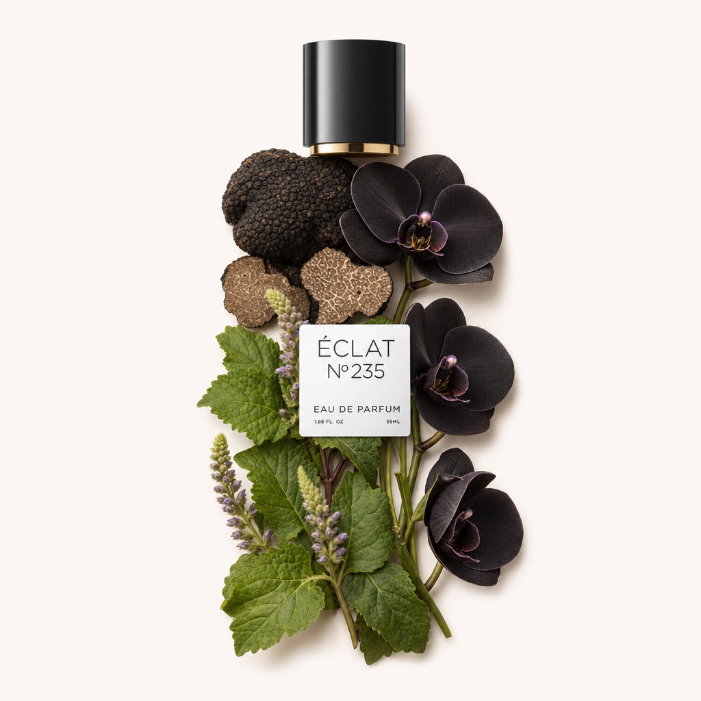 Une nature morte composée à la main de truffes noires, de tranches de truffes, d'orchidées noires et de feuilles vertes entoure un bouchon noir étiqueté ÉCLAT Black Truffle & Orchid.
