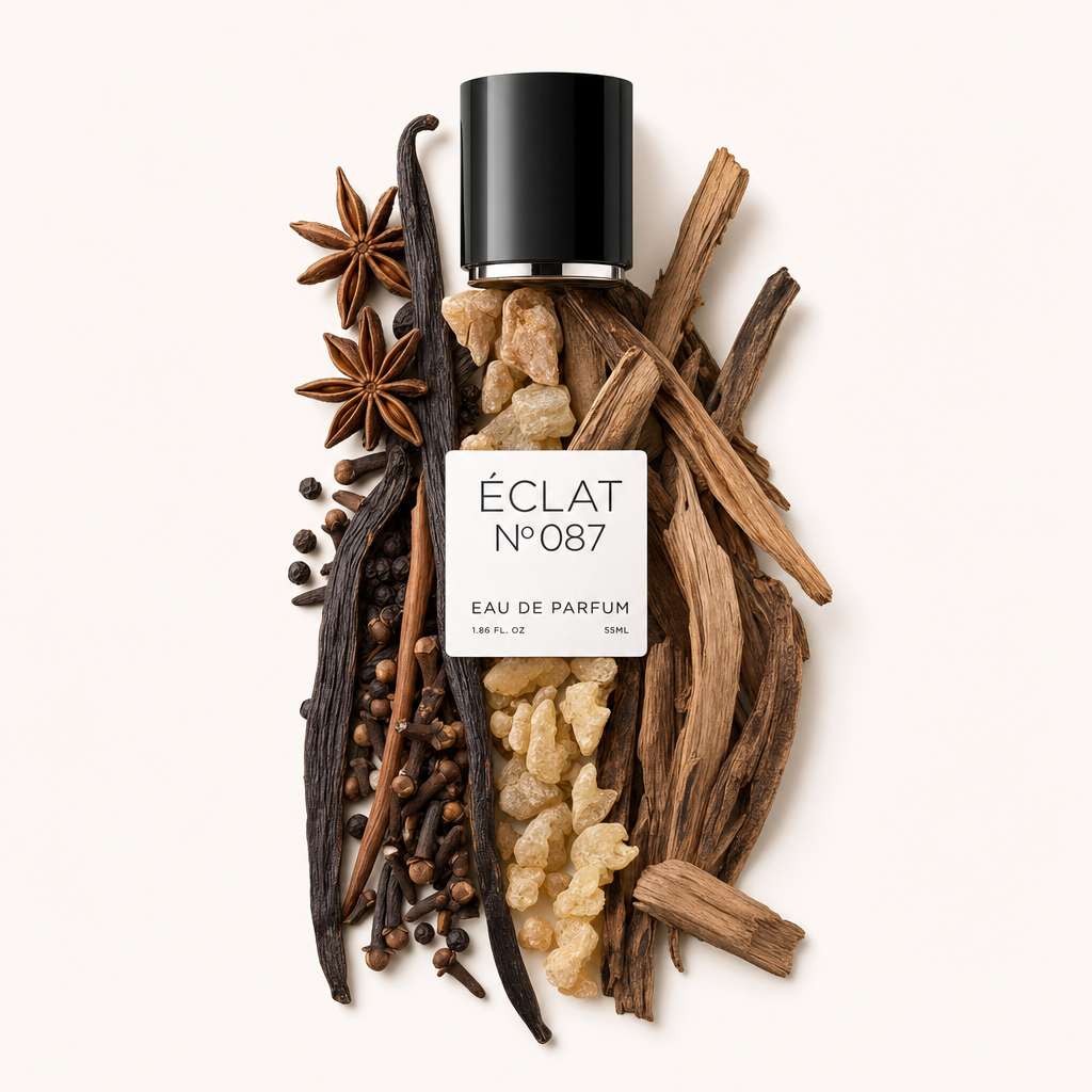 Un arrangement d'anis étoilé, de gousses de vanille, de grains de poivre et d'éléments boisés entoure un capuchon noir avec étiquette ÉCLAT Black Woods.