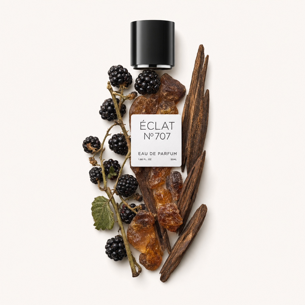 An arrangement of blackberries, amber resins, and wooden sticks surrounds the original ÉCLAT 707 VIP black cap with a label.