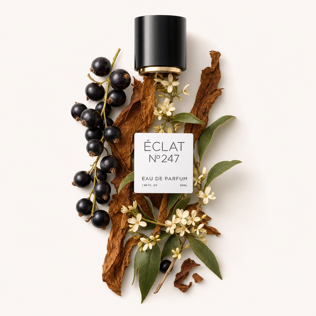 Um arranjo de groselhas negras, flores de osmanthus e folhas de tabaco envolve uma tampa preta com rótulo para ÉCLAT 247 VIP.