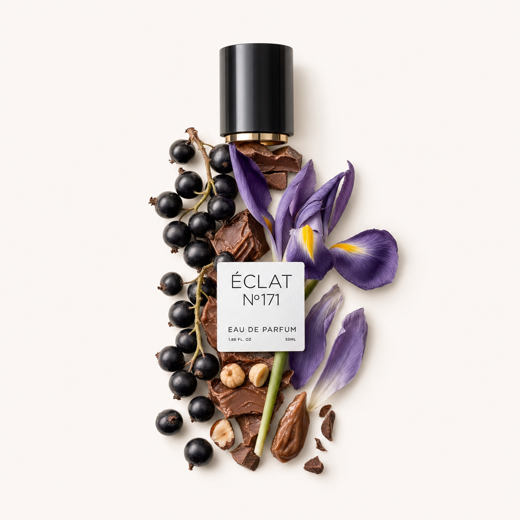 Une composition de cassis, chocolat praliné et iris violets, avec le capuchon noir original d'ÉCLAT orné d'une étiquette.