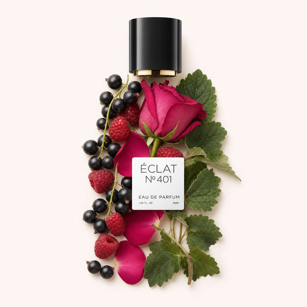 Un arrangement de cassis, framboises, une rose rose et des feuilles vertes entourent un capuchon noir avec une étiquette pour ÉCLAT Blackcurrant & Raspberry.
