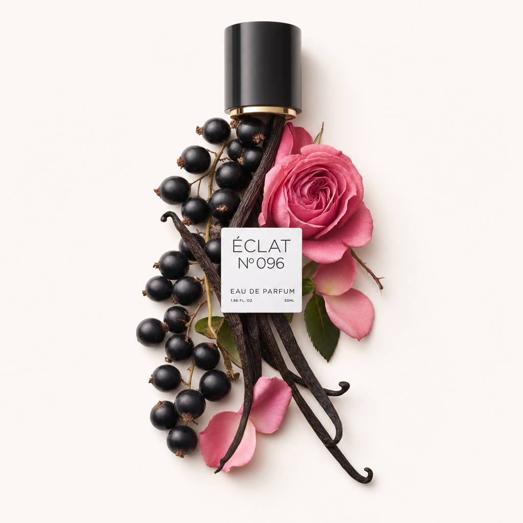 Un arrangement artistique de cassis, gousses de vanille et pétales de rose roses entourant un bouchon noir avec étiquette ÉCLAT.