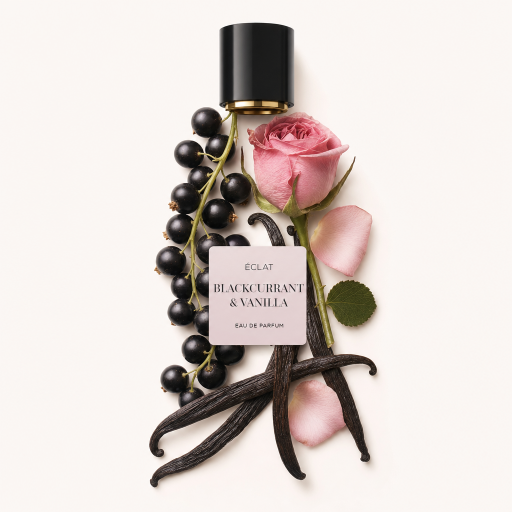 Un arrangement de cassis, une rose rose et des gousses de vanille à côté d'un bouchon noir avec une étiquette de ÉCLAT Blackcurrant & Vanilla.