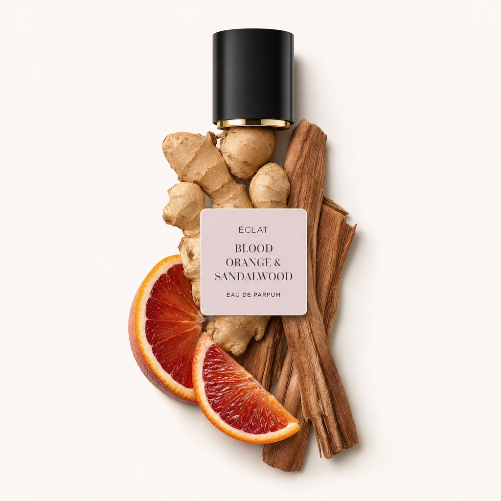 Un arrangement de racines de gingembre, de tranches d'orange sanguine et de bâtons de bois de santal est artistiquement disposé autour d'un bouchon noir avec une étiquette pour ÉCLAT Blood Orange & Sandalwood.