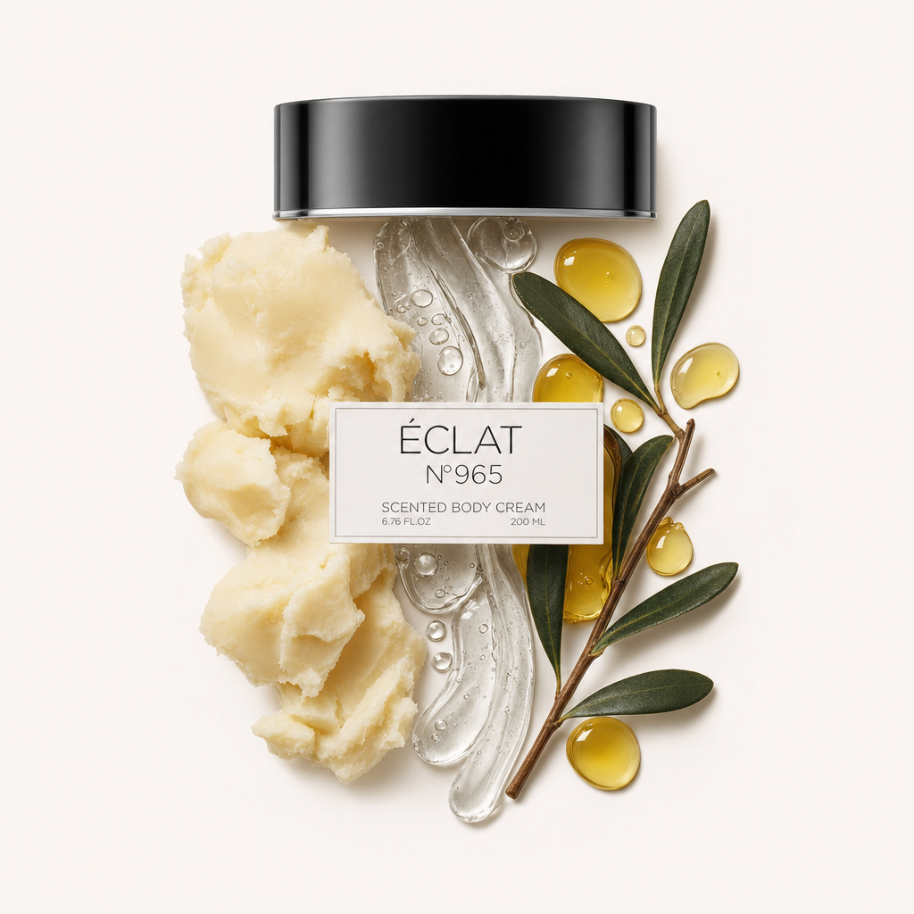 A black cap labeled for ÉCLAT 965 Body Cream is surrounded by a composition of cream-colored butter, clear gel, amber droplets, and green leaves.
