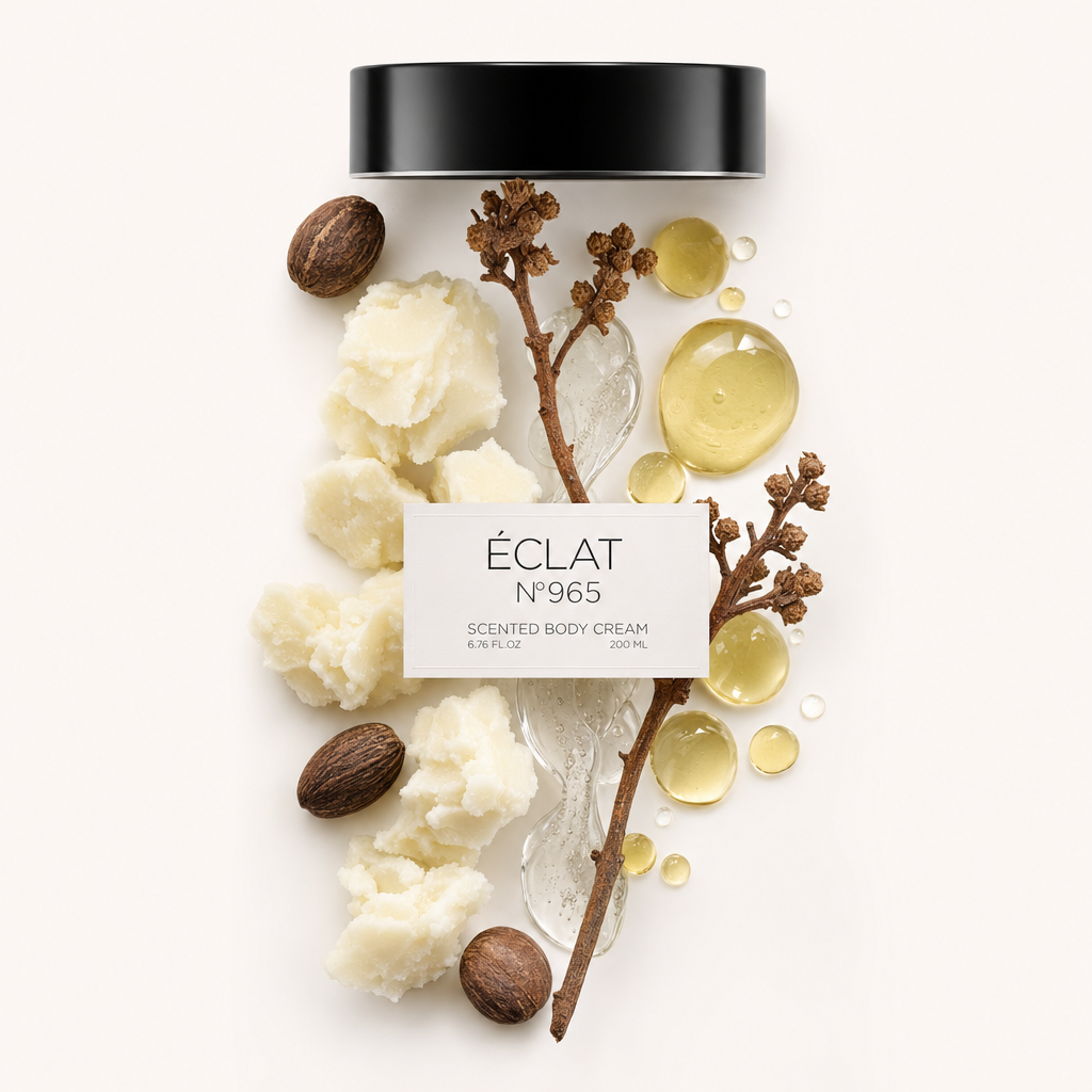 Un bodegón cuidadosamente dispuesto de ingredientes de ÉCLAT 965 incluye nueces enteras, manteca de karité cremosa, gotas de líquido ámbar y una rama, con la tapa negra original con etiqueta encima.