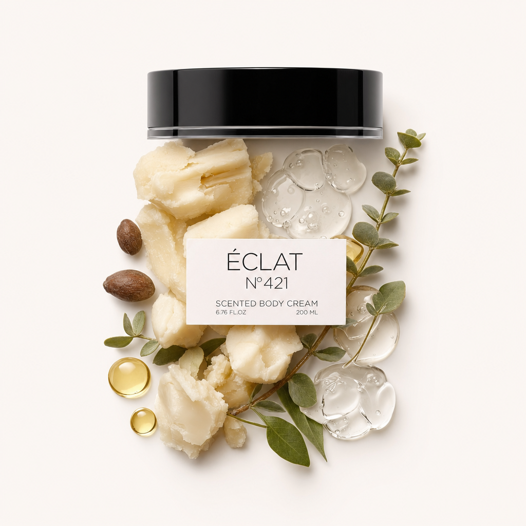 Uma disposição refinada de ingredientes crus de creme corporal ao lado de uma tampa preta com rótulo, mostrando o ÉCLAT 421 Body Cream.