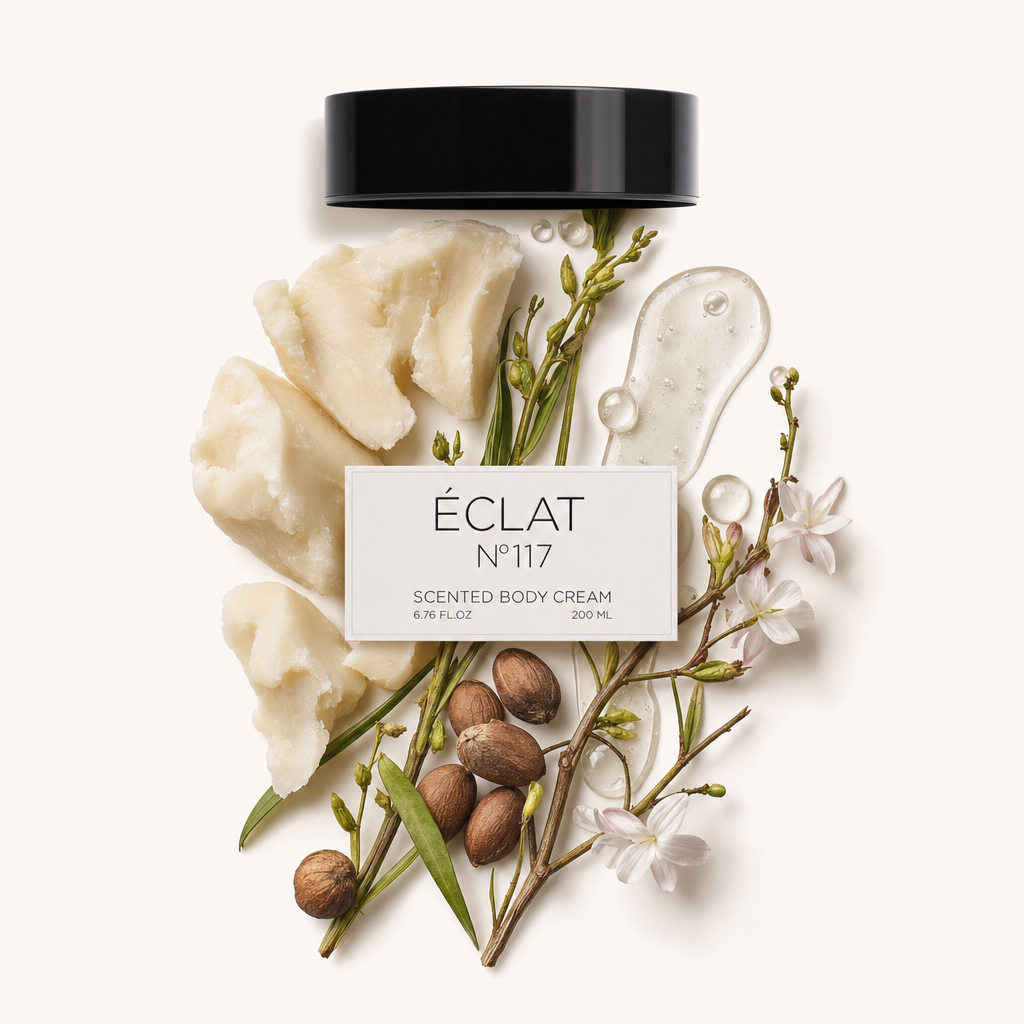 A black cap with an ÉCLAT 117 label is surrounded by shea butter, nuts, delicate flowers, and smooth oil droplets on a light background.