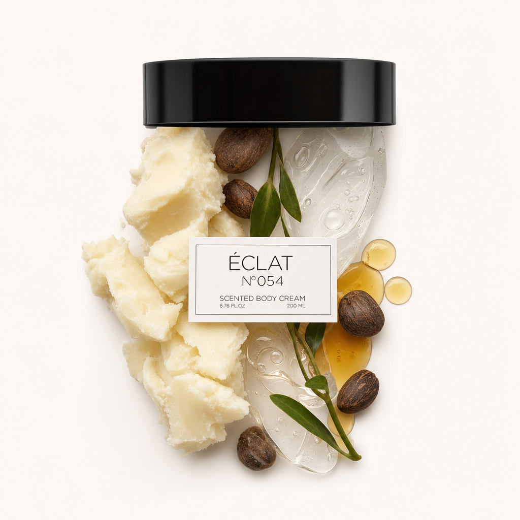 Um arranjo de manteiga de karité, nozes, gel transparente e gotas cor âmbar com uma tampa preta rotulada ÉCLAT 054 Body Cream.