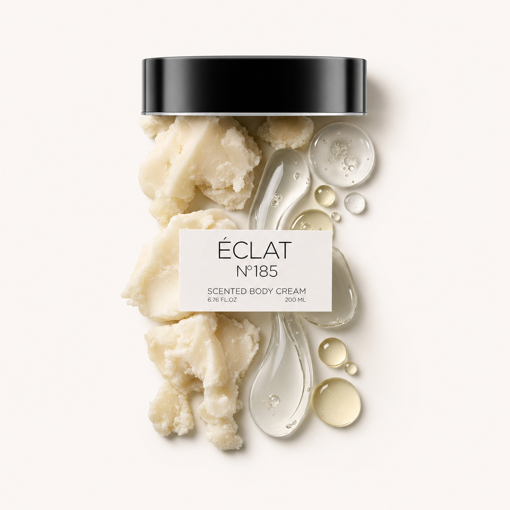 An elegant arrangement of ÉCLAT 185 Body Cream ingredients, featuring textured cream and glossy oil drops beneath a black cap with a label.