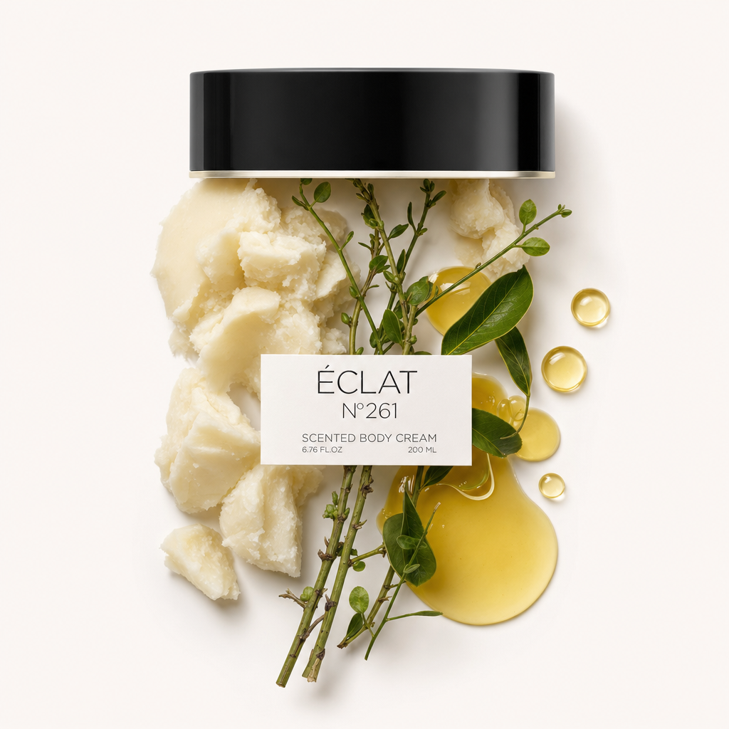 Un arreglo de ingredientes naturales como manteca cremosa, hojas verdes y gotas de aceite doradas, con la tapa original negra de ÉCLAT y etiqueta encima.