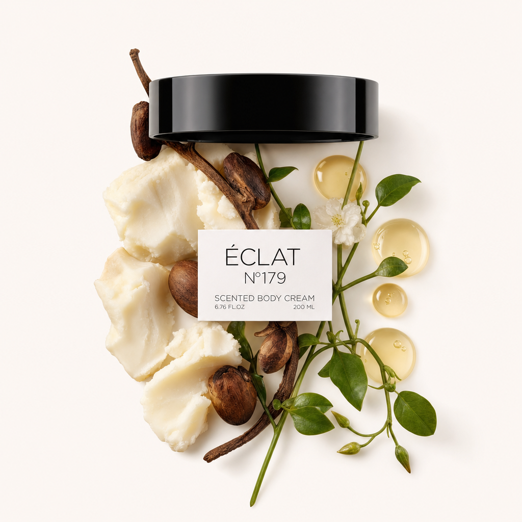 Un arreglo de ingredientes de la Body Cream ÉCLAT 179 con piezas de crema blanca, nueces marrones, hojas verdes y acentos florales, con una tapa negra que muestra la etiqueta.