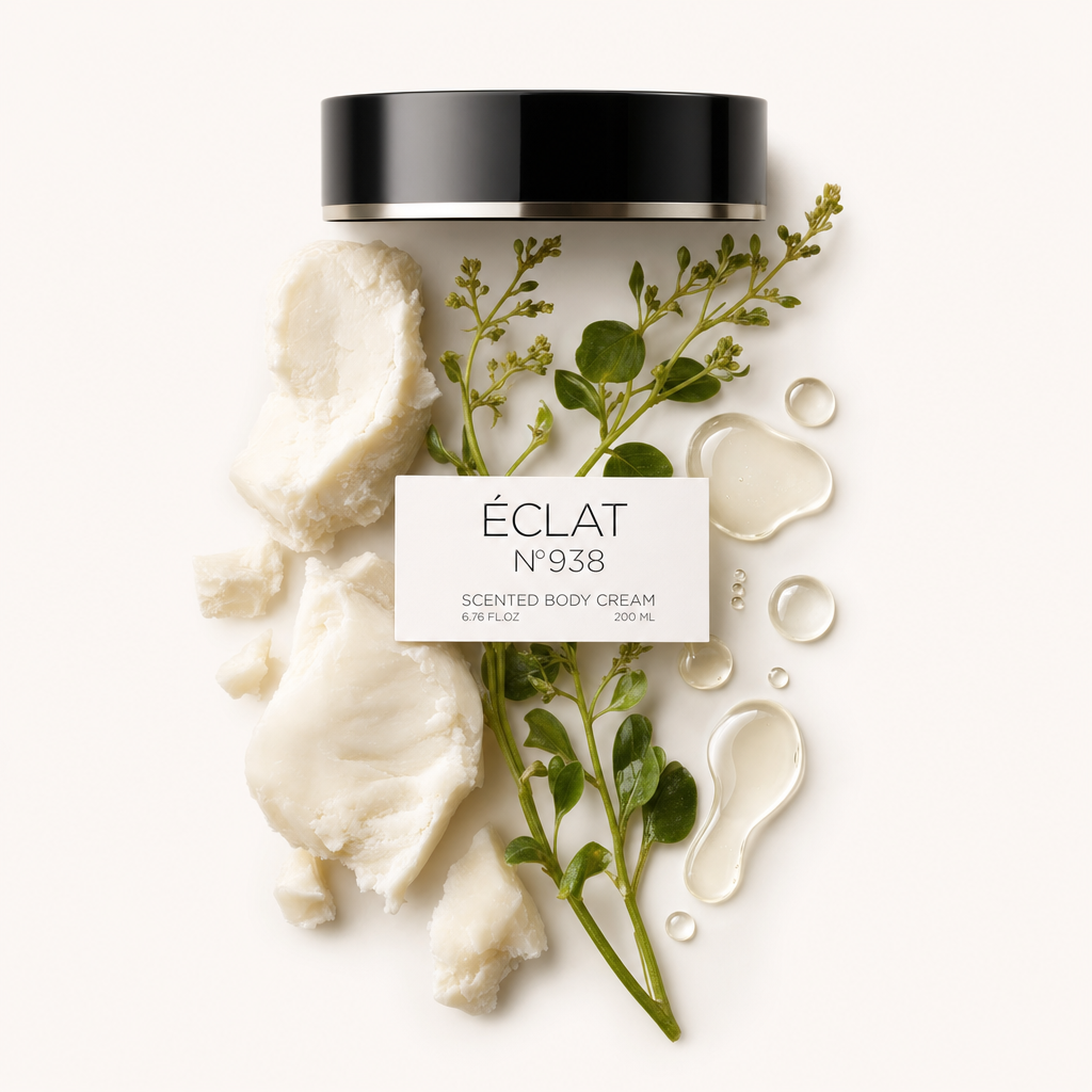 Um arranjo de creme corporal branco cremoso, folhas verdes frescas e gotas transparentes ao lado de uma tampa preta com a etiqueta ÉCLAT 938.