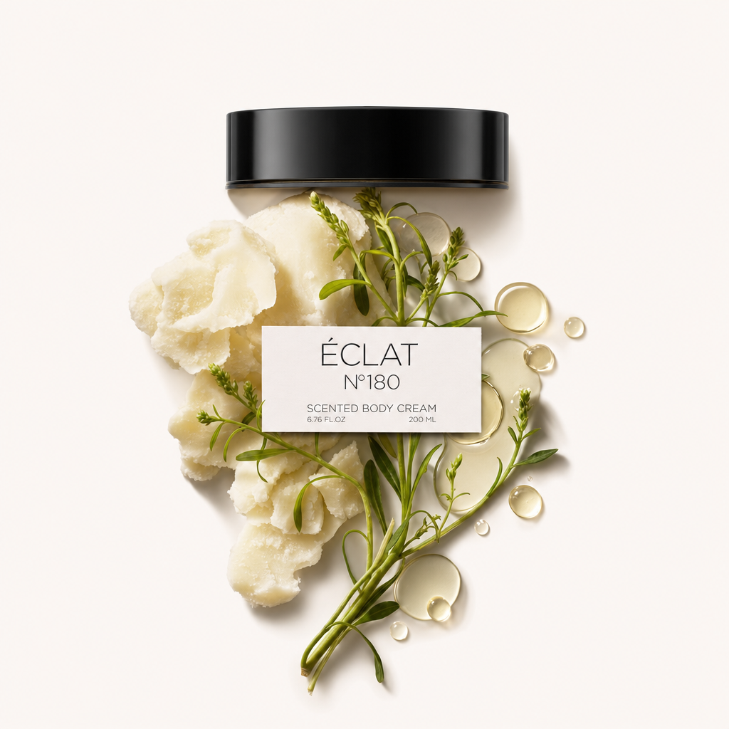 An arrangement of creamy white botanical elements with green sprigs and oil droplets surrounds a black cap labeled "ÉCLAT N°180 Scented Body Cream".