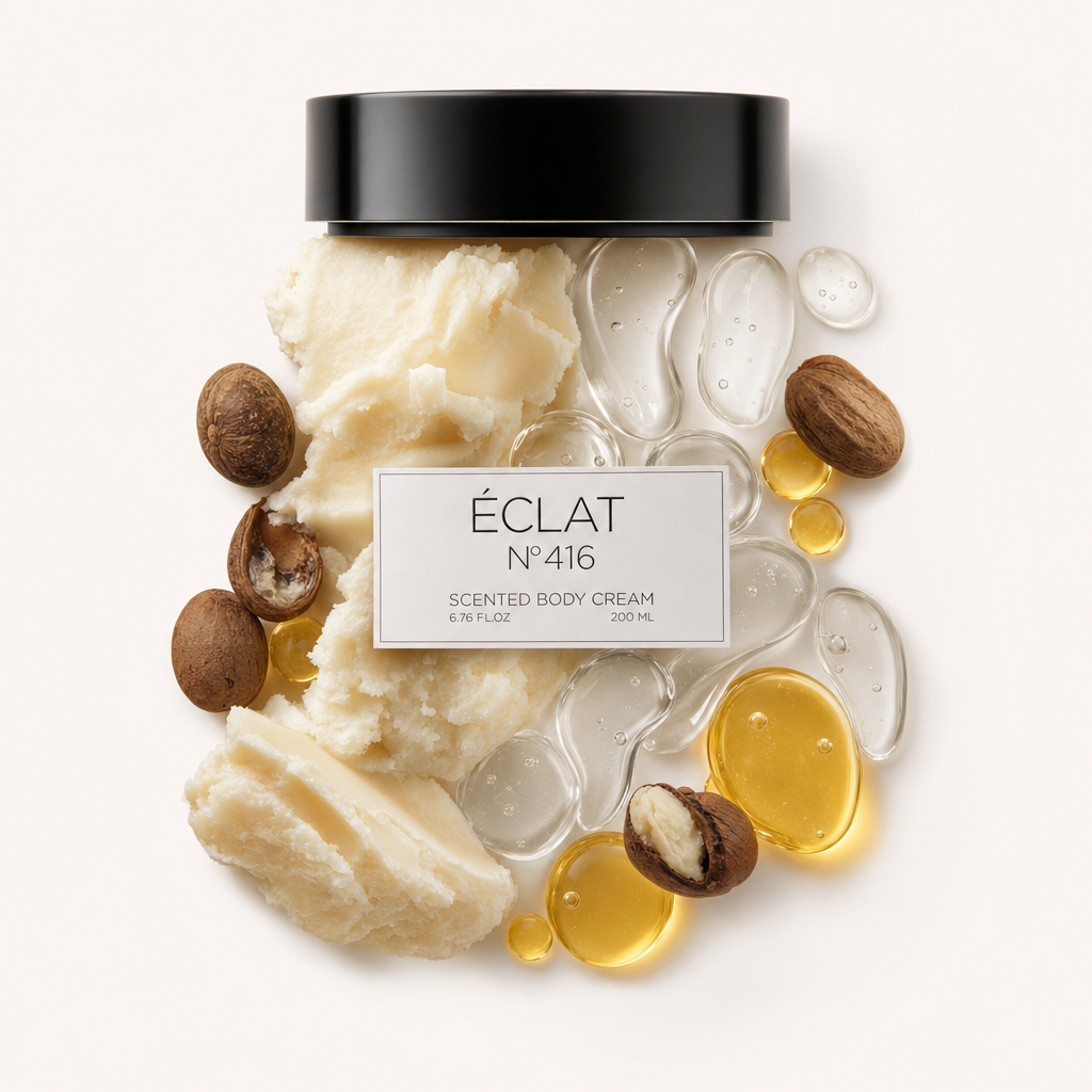 An arrangement of creamy shea butter, glossy oil droplets, and whole nutmeg surrounds a black cap with ÉCLAT label.