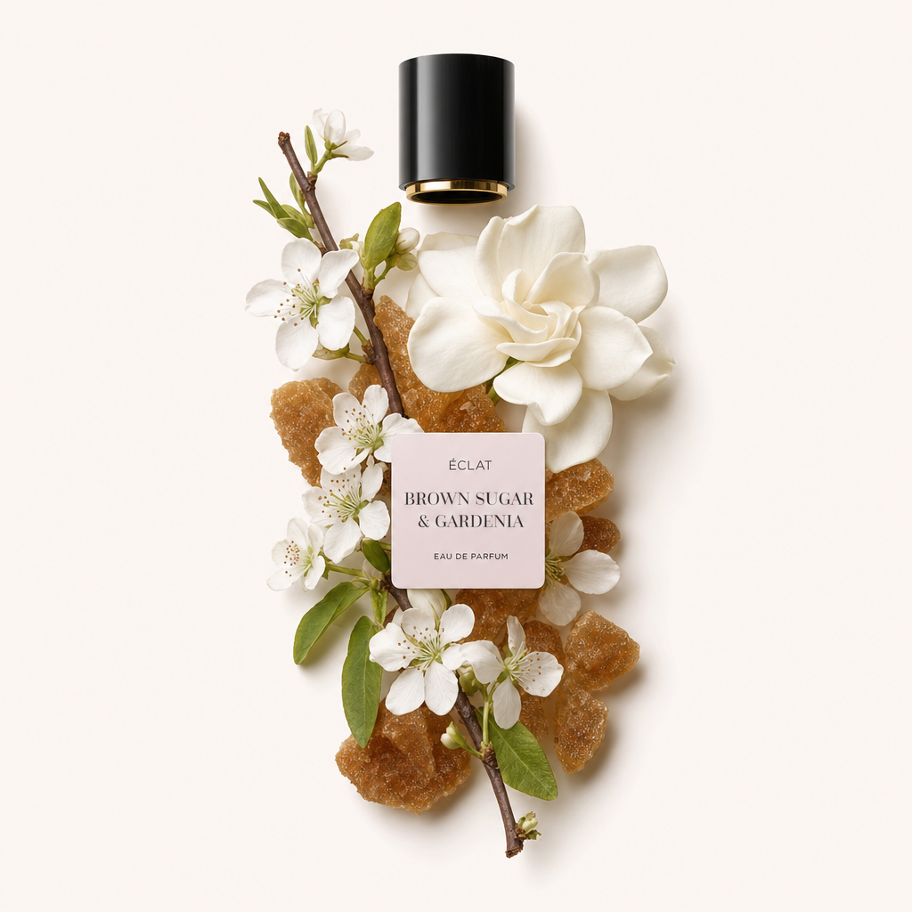 Un arrangement de cristaux de sucre brun, de délicates fleurs de gardénia et de branches en fleurs entoure un capuchon noir à base dorée étiqueté ÉCLAT Brown Sugar & Gardenia.