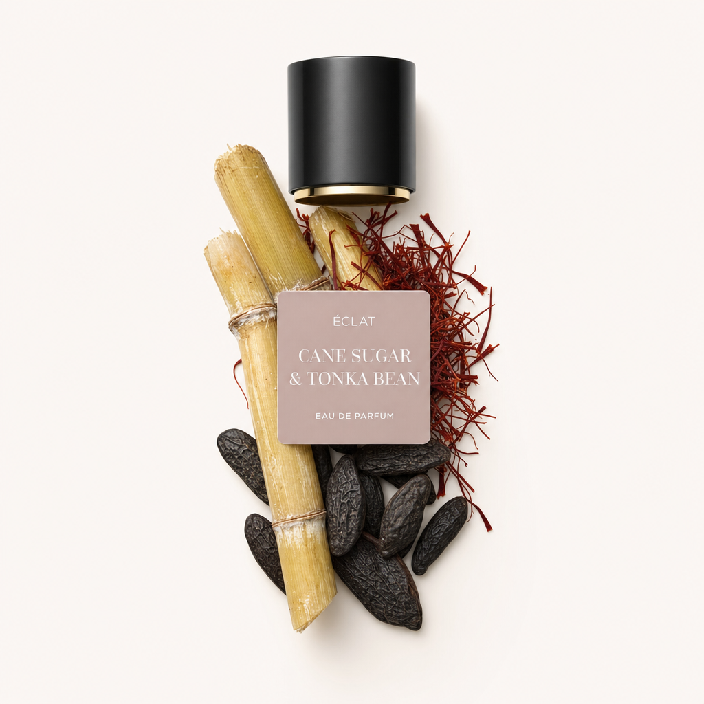 Ett arrangemang av råa tonkabönor, sockerrörsstjälkar och saffranstrådar, med en svart keps med etiketten ÉCLAT Cane Sugar & Tonka Bean.