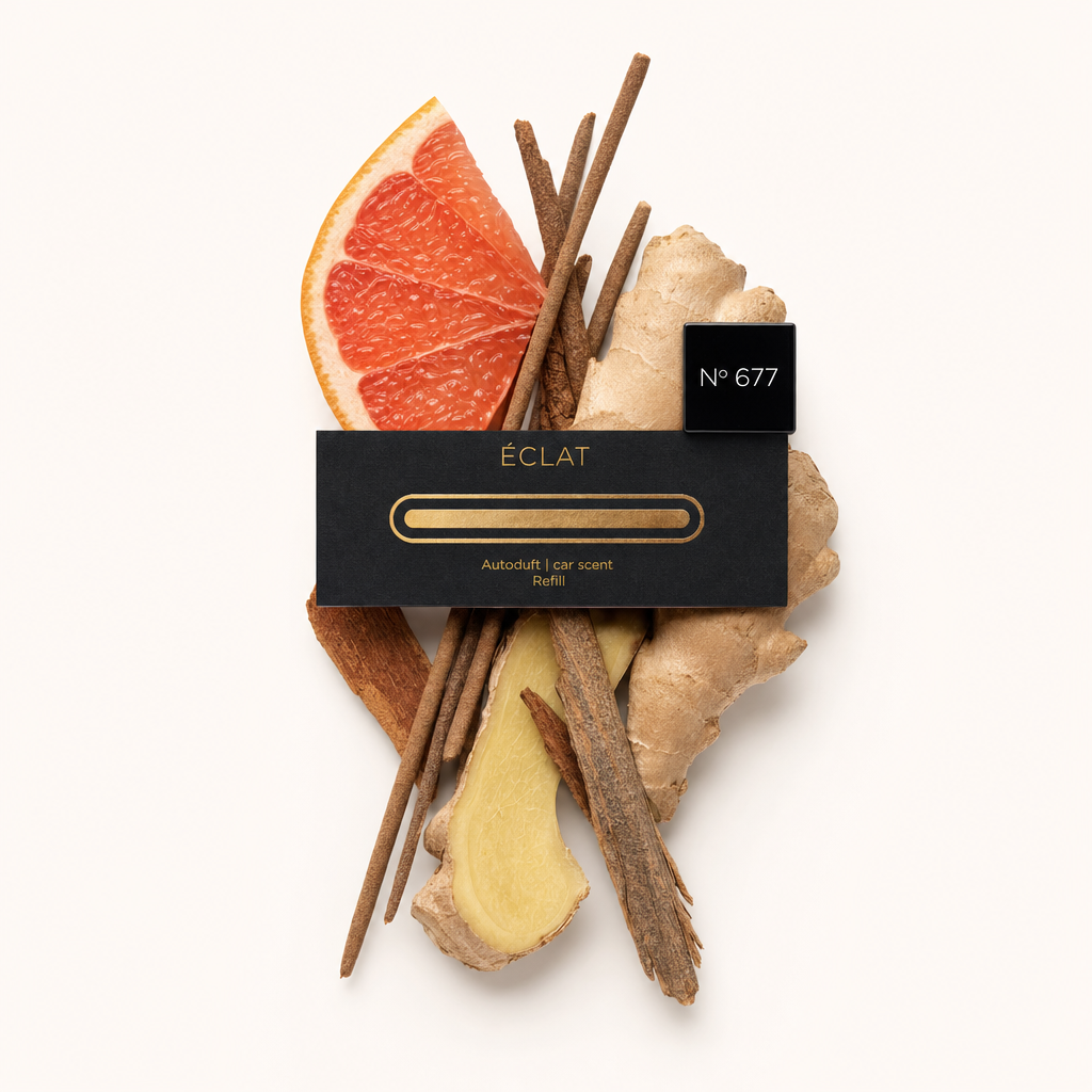 Un arrangement de tranche de pamplemousse, bâtons de cannelle et morceaux de gingembre entoure un bouchon noir avec l'étiquette 'ÉCLAT 677'.