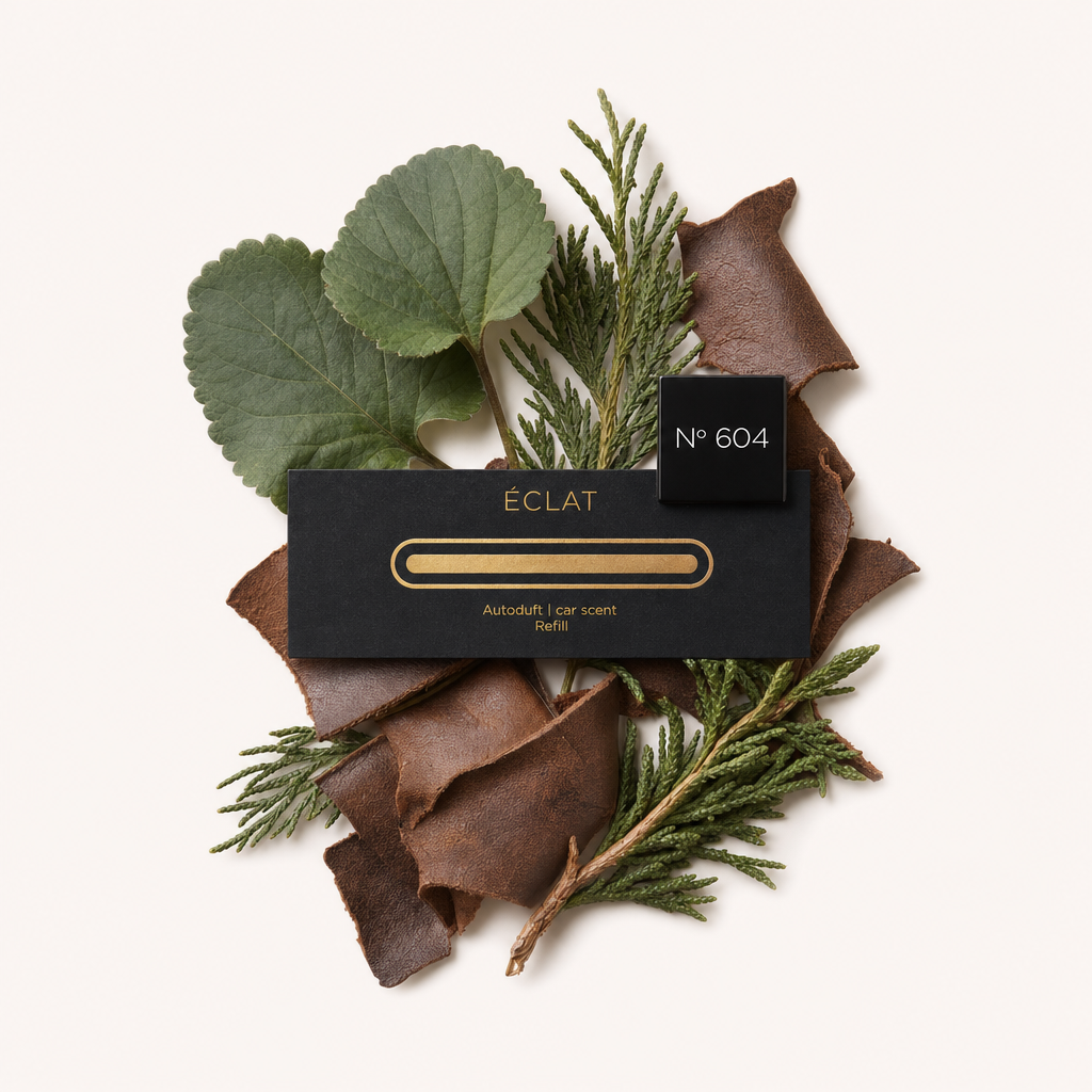 Un arrangement de feuilles vertes, de branches de pin et de bandes de cuir marron, avec un bouchon noir portant l'inscription 'N° 604' sur une carte noire avec la marque ÉCLAT.