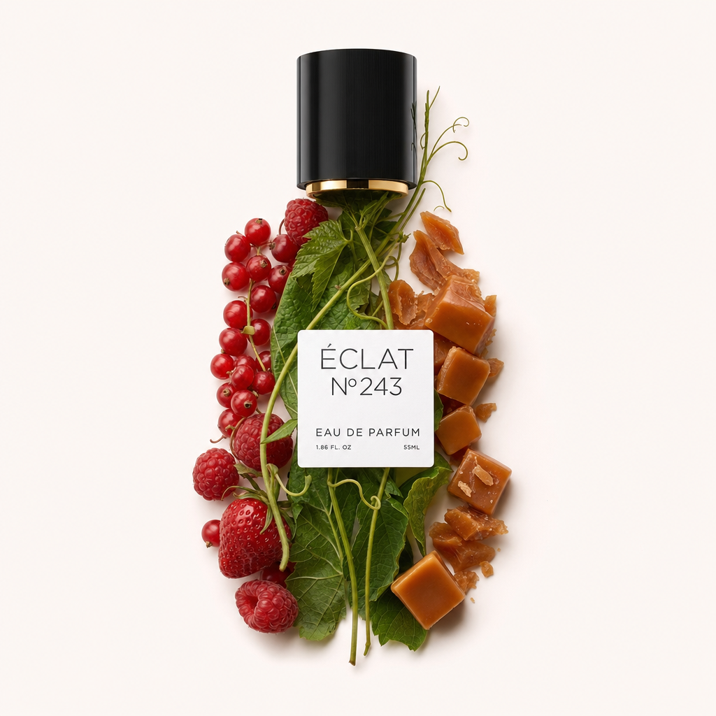 Un arrangement de baies rouges fraîches, de feuilles vertes et de morceaux de caramel entoure un capuchon de parfum noir avec étiquette pour ÉCLAT Caramel & Berries.