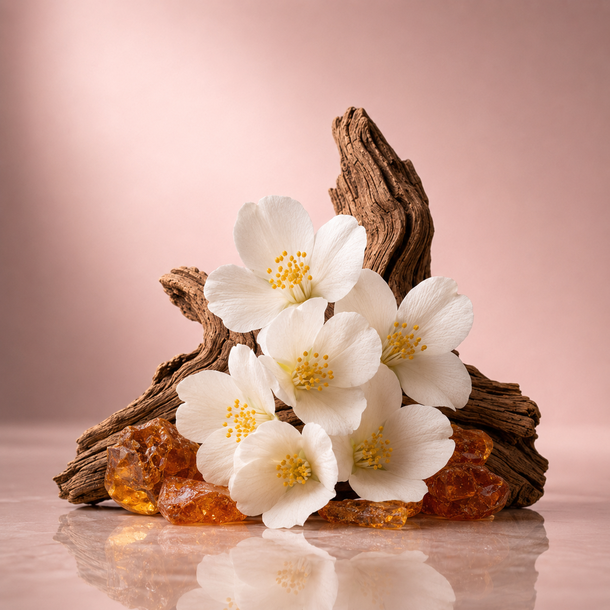 White jasmine flowers and amber stones arranged on a driftwood background for ÉCLAT Cashmere & Jasmine.
