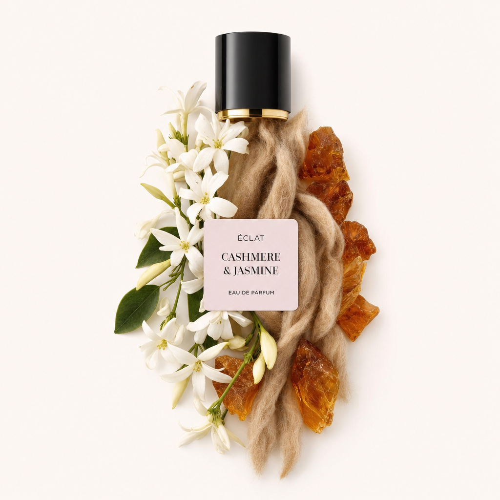 Une composition de fleurs de jasmin, de pierres d'ambre et de fibres de cachemire entoure un capuchon noir avec un accent doré, étiqueté ÉCLAT Cashmere & Jasmine.